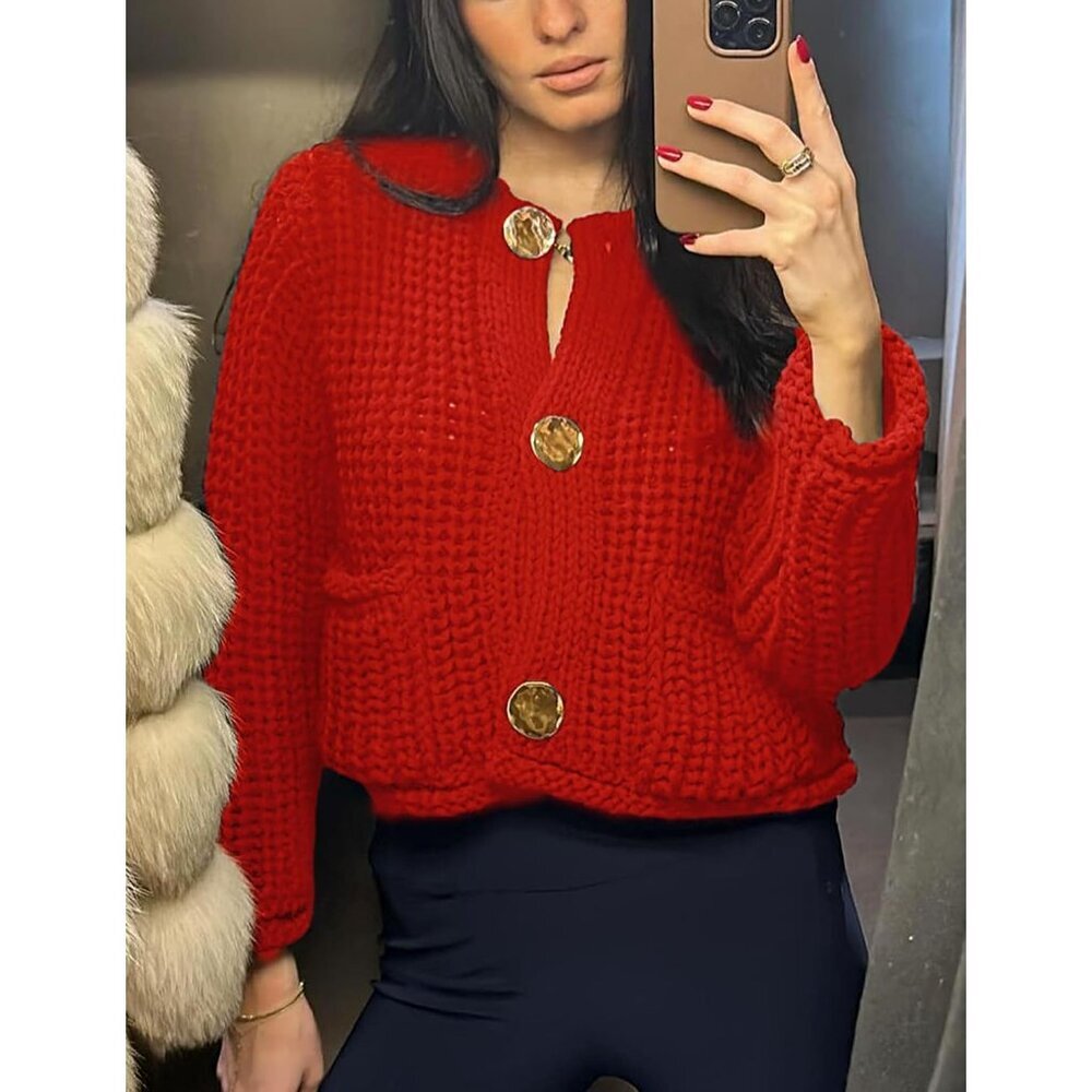 Elegant Women's Long Sleeve Cropped Cardigan - Button-Down Knit Sweater in Red - Picture 4 of 7